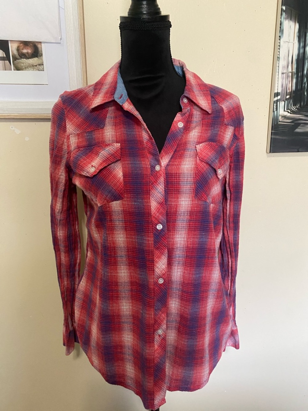 Women's Red Plaid Long Sleeve Button-Up Shirt